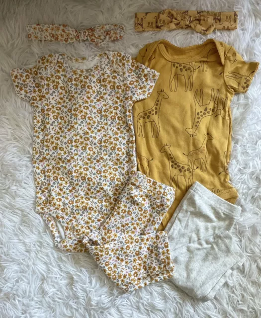 Carters Baby Girl 3-6M Outfit Set Floral Giraffe Bow Headband Mustard Matching