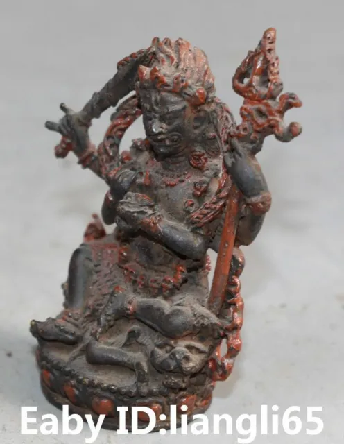 Old Tibet Black Bronze Zinnober 4 Arme Mahakala Wrathful Deity Buddha Statue 3