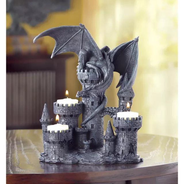 Dark Gray Polyresin Medieval Castle Dragon Centerpiece Flickering Candleholder