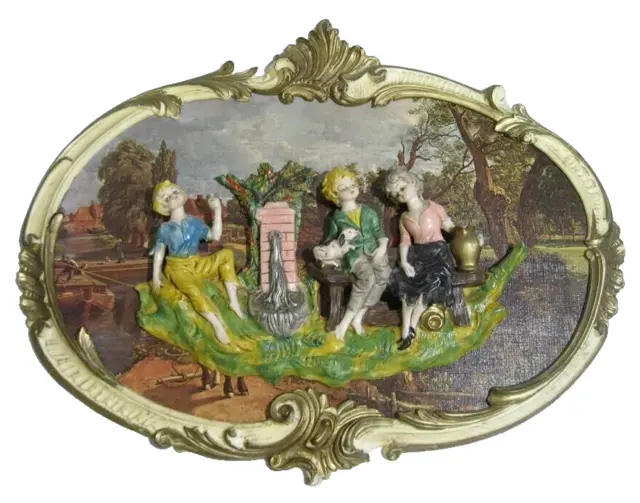 Vtg EMPIRE 3D Art Wall Decor Picture Plaque Rococo Frame Italy Girls Fountain