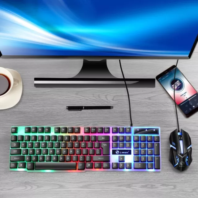 2023 Gaming Keyboard Mouse Set Rainbow LED Wired USB For PC Laptop PS4 Xbox One