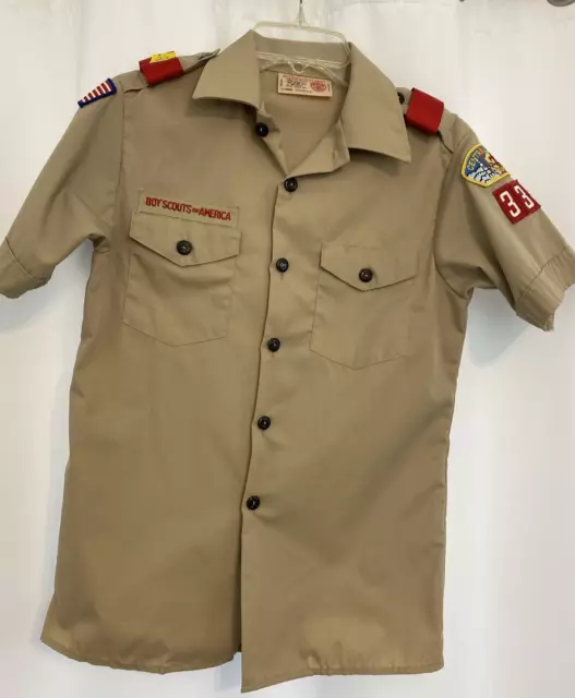 Boy Scouts of America Uniform Youth Shirt Large Tan with Patches