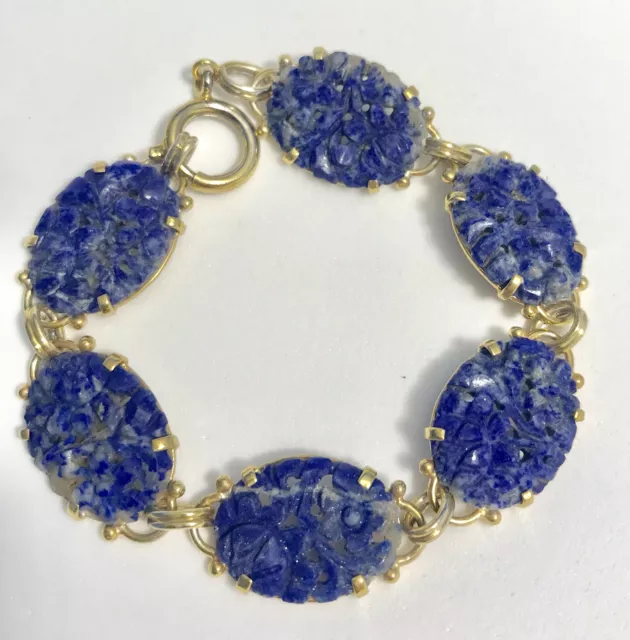 Vintage 1920's Chinese Gold Plated Silver With Hand-Carved Lapis Lazuli Bracelet