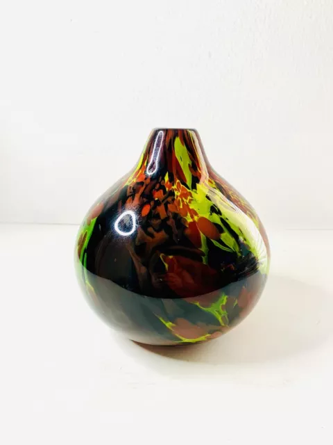 VINTAGE Studio Art Glass Black Yellow Red Layered Large Hand Blown Glass Vase