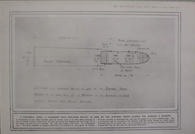 1915 Wwi Ww1 Print Cartridge With Explosive Bullet Plan Diagram Austrian Troops