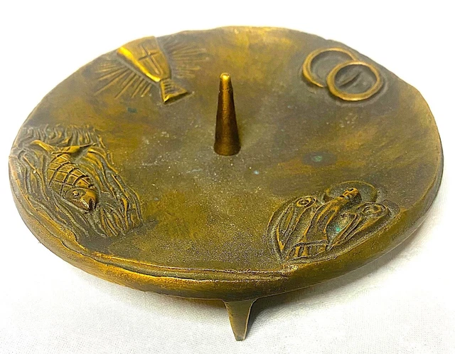 Kerzenhalter aus Bronze Christliche Symbole:Ringe,Kelch,Taube,Fisch Topzustand