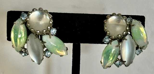 Vintage Kramer NY Moonstone And Jewels Clip On Earrings