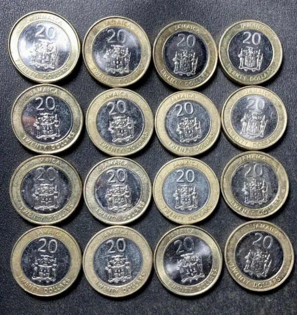 Old JAMAICA Coin Lot - 20 DOLLARS - 16 AU/UNC Bi-Metal Coins - lot #J7