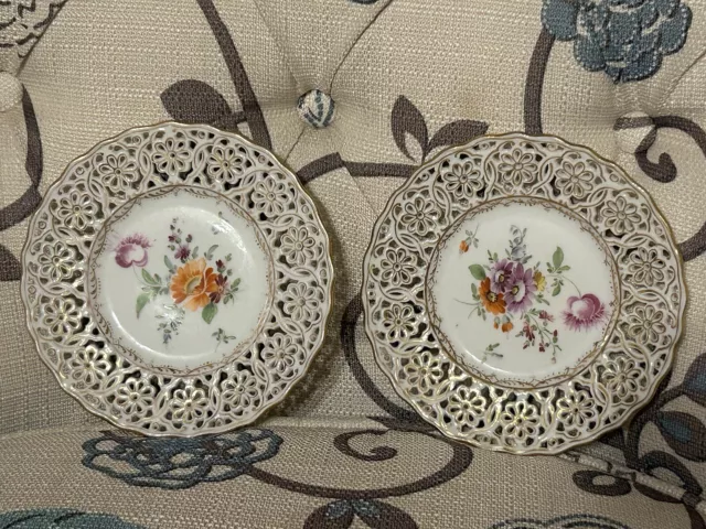 Two Beautiful Vintage Ribbon /Pierced Dresden Decorative Plates.