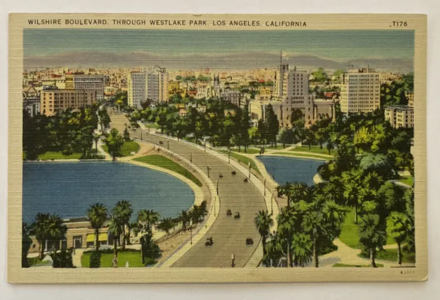 Vintage Postcard, Aerial View, Wilshire Blvd, Old Cars, Los Angeles, CA