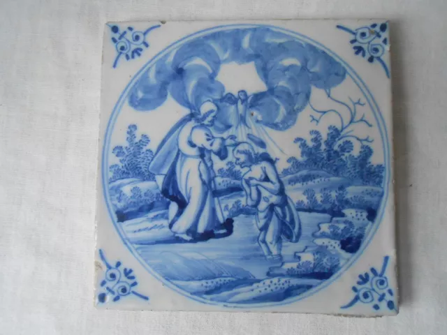 Antique Dutch Delft Biblical Tile. XVIIIth. Pottery. "Christ's baptism"...1...