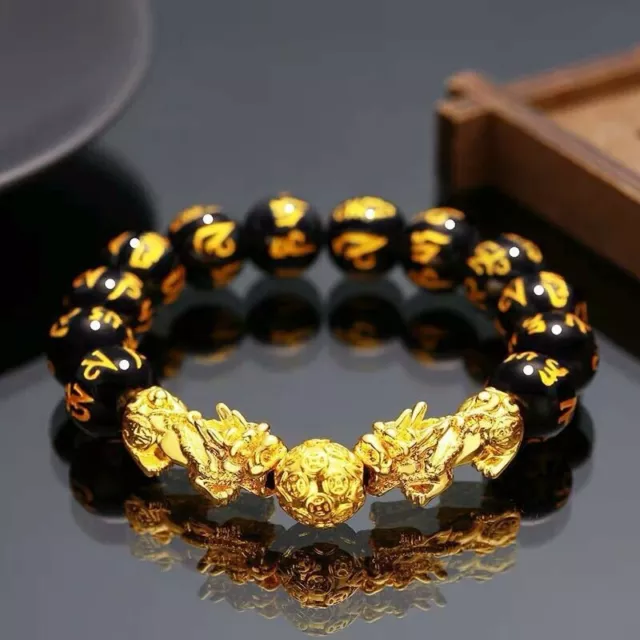 Feng Shui Pixiu  Bracelet Black Obsidian Buddhism Beads Attract Wealth Good Luck