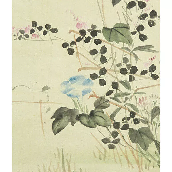 PINTURA JAPONESA ROLLO COLGANTE DE PLANTA DE FLORES DE JAPÓN Arte antiguo...