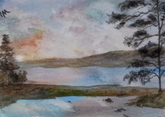 ACEO Original Painting Art Landscape Mountains Trees Lake Hills Watercolour