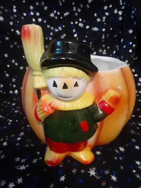 Vtg Ceramic  Nancy Pew Halloween Fall Decor Planter Pumpkin Scarecrow