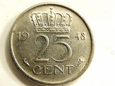 1948 Netherlands Twenty Five (25) Cent "Wilhelmina" Coin
