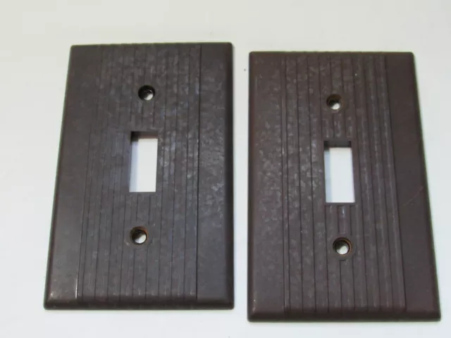 2 Vintage LEVITON Brown Bakelite Ribbed Deco single toggle Switchplate Cover