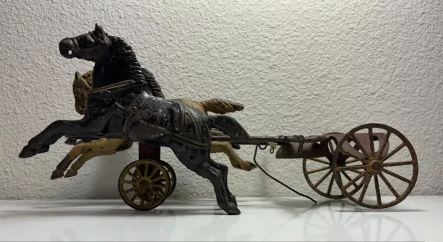 Vintage Original Paint Antique Cast Iron Horse Drawn Fire Pumper 3 Horse Team