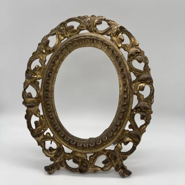 Antique Ornate Cast Iron Gilt Oval Picture Frame Victorian Easel Back Gold