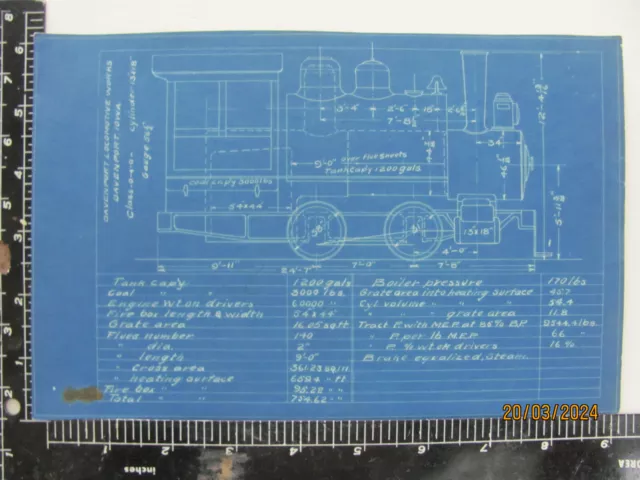 Davenport Locomotive Works 0-4-0T Original Railroad Blueprint Diagram Drawing B