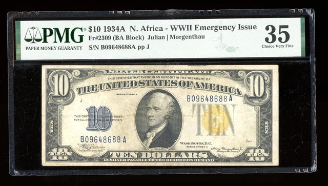 DBR 1934-A $10 North Africa Silver Fr. 2309 PMG 35 Serial B09648688A