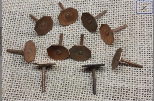 15 old COPPER TACKS 5/8” 8 sided octagon nails vintage tarnished leather rivets 3