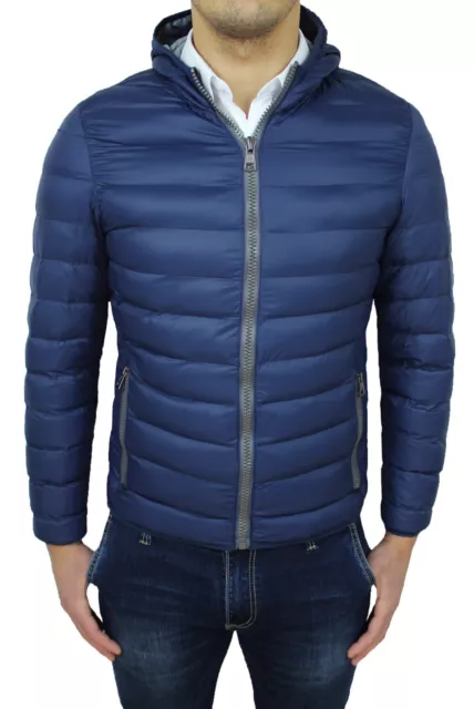 Giubbotto Piumino Uomo Diamond Casual Blu Slim Fit Giubbino Giacca Con Cappuccio