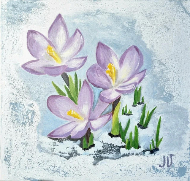 Flores Arte original, Pintura al óleo sobre lienzo, Primeras flores moradas...