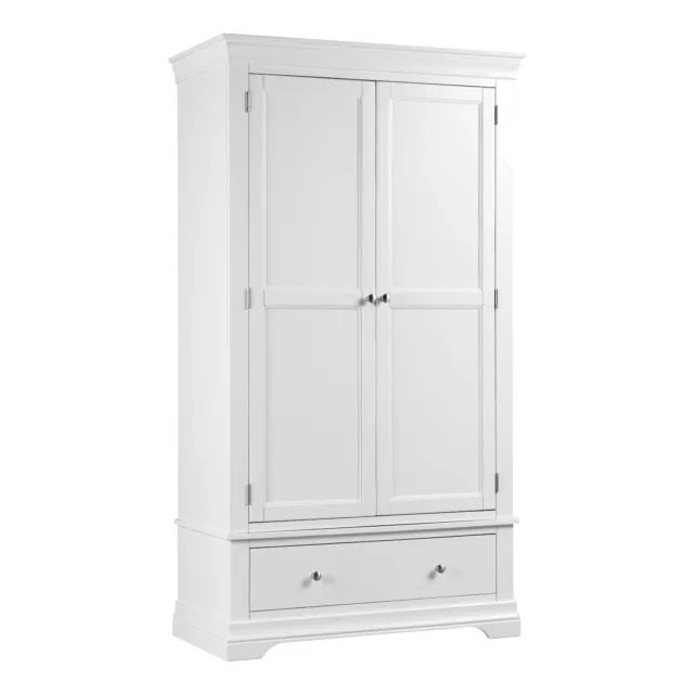 Wardrobe 2 Door 1 Drawer White Wooden Classic French Style Silver Handles