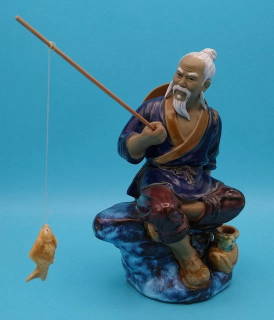 Vintage Chinese Mudman Shiwan Figure  Fisherman with Rod and Fish 19cm tall