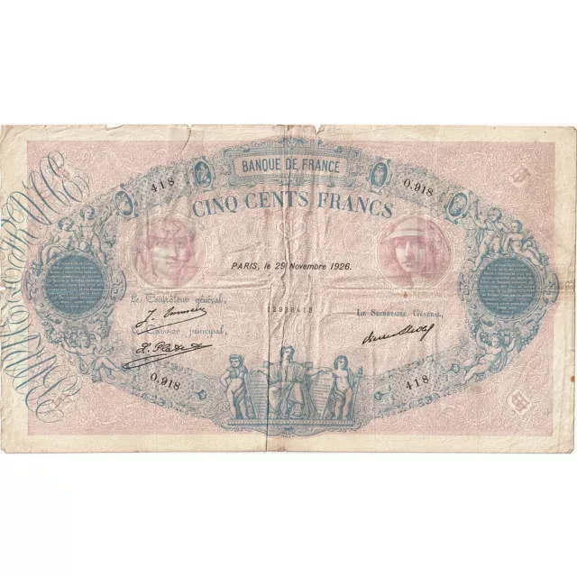 [#635479] France, 500 Francs, Bleu et Rose, 1926, O.918, B, Fayette:30.29, KM:66