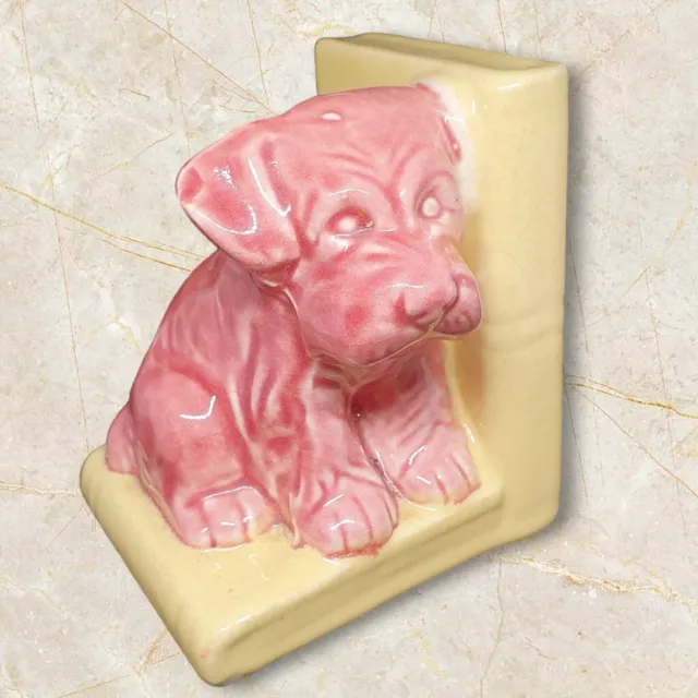 Pottery Dog Bookend Pink & Yellow, Japan Single Puppy Quirky Kitsch 9 Cm Vintage