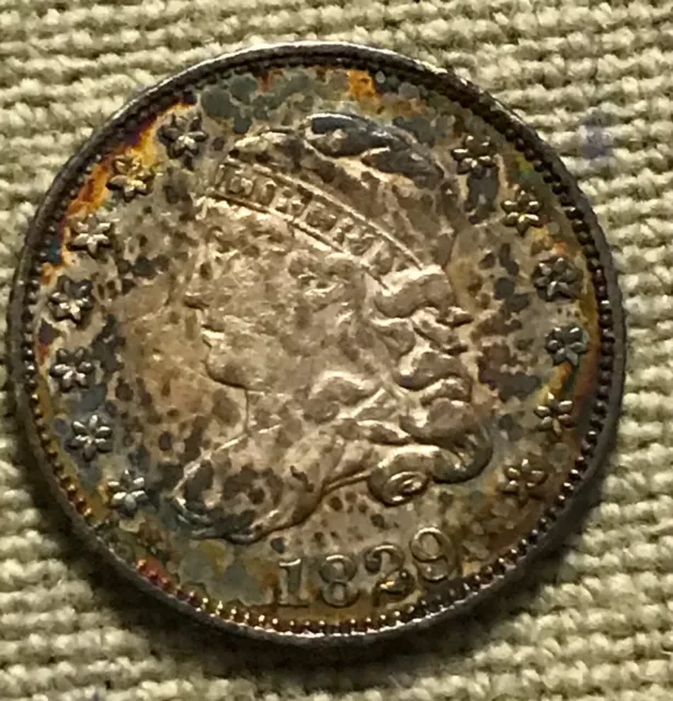 1829 Capped Bust half Dime, AU, Pretty toning, Scarce in this grade