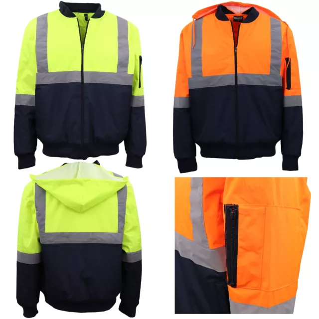 Mens Hi Vis Waterproof Rain Jacket Workwear Reflective Tape Hooded Bomber Jumper