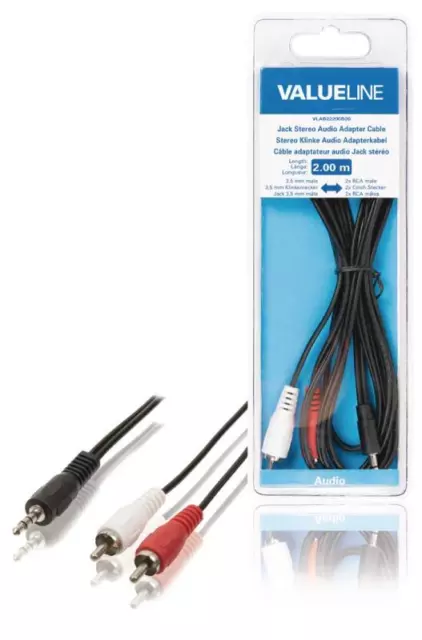Câble adaptateur audio jack 3,5 mm stéréo mâle vers 2x rca mâles 2,00 m noir
