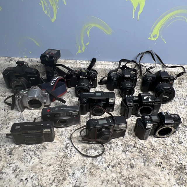 LOTE de 11 cámaras digitales y de película Nikon 500s Rebel N2020 EOS Maxxium Pentax