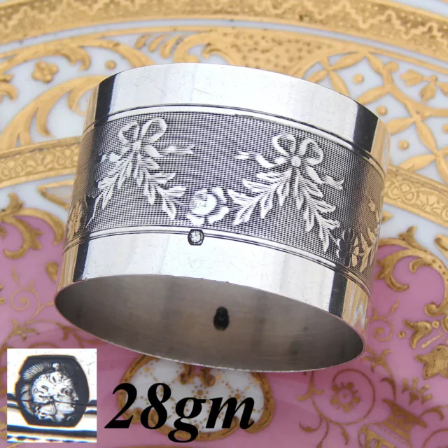 Antique French 800 (nearly sterling) Silver Napkin Ring: Bow, Ribbon & Garland