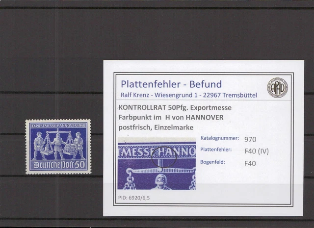 KONTROLLRAT 1948 PLATTENFEHLER Nr 970 IV postfrisch (219099)