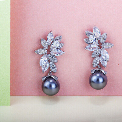 Silver Plated Cubic Zirconia Long Leaf Dangle Gray Pearl Drop Earrings for Women