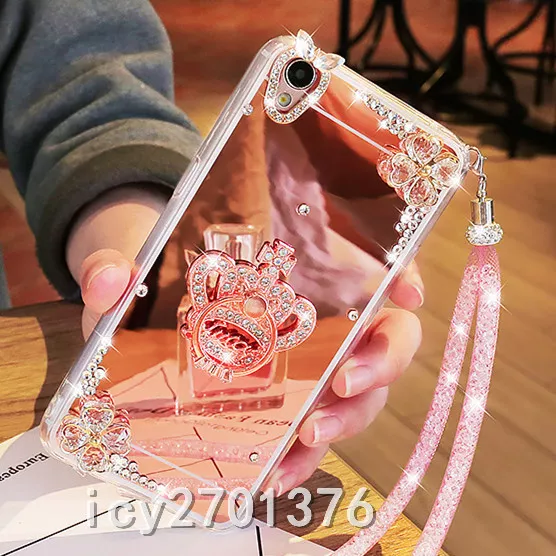 Luxury Bling Diamond Crystal Ring Holder stand Mirror Phone Case Cover & strap