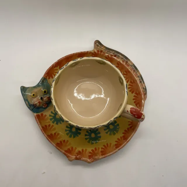 Rare VTG 1970’s Whimsical Majolica Cat Cup and Saucer Hand painted made in Italy