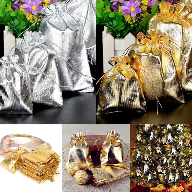 50x / Ensemble Or Argent Organza Cadeau Sacs Mariage Bijoux Cordon Fête Sachets