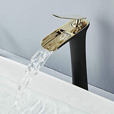 Waterfall Faucet Single Handle One Hole Bathroom Sink Faucet, Tall, Gold/ Black