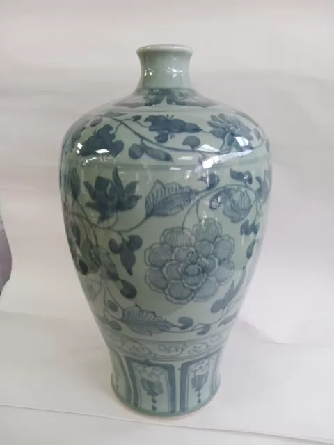Chinese Meiping Style Celadon Glaze Hand Painted Vase