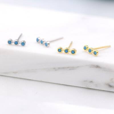 Extra Tiny Turquoise Bar Stud Earrings in Sterling Silver,Three Dots,Blue Bar