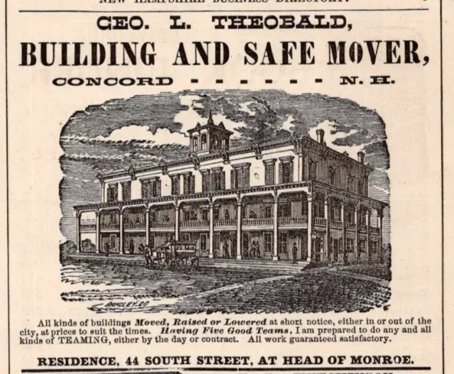 1881 Geo L Theobald Building and Safe Mover CONCORD NH 3.5" Print Ad