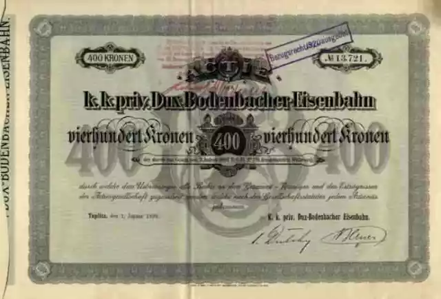 Eisenbahn DUX Bodenbach 1899 Teplitz Falkenau 400 Kronen Historische Wertpapiere