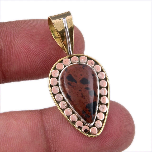 Mahogany Red Obsidian Gemstone 925 Sterling Silver TwoTone Pendant 1.50"