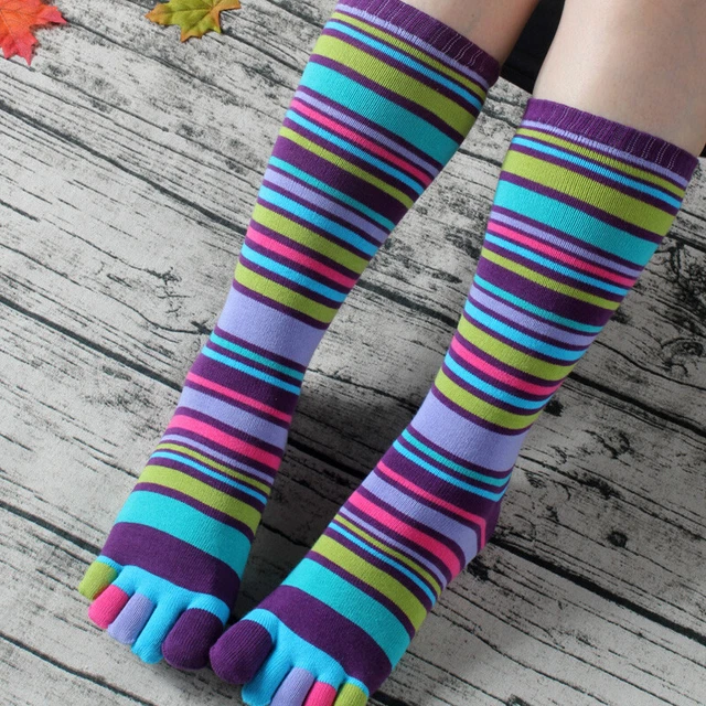 Femmes Orteil Chaussettes 3 Paires Coton Rainbow Rayure Hauteur Genou Cinq Doigt