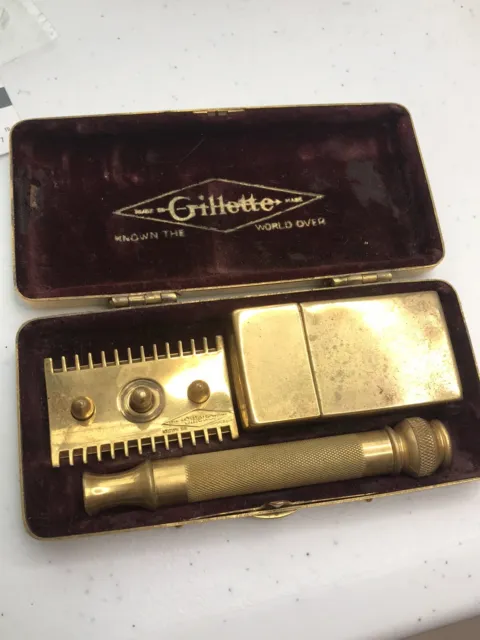 GILLETTE Antique GOLD OLD Safety Razor Open Comb Boxed